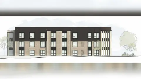 Stroud District Council An architect's drawing of what the new care home would look like. It is a three-storey building, with buff brick cladding, UPVc windows and aluminium doors.