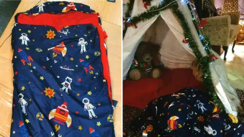 West Midlands Police A composite of two images. On the left there is a baby's sleeping bag which id dark blue with spaceships and aastronaut