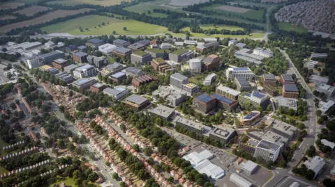 Kin Creatives An artist's impression of Cambridge business park from the air. It shows an area containing several dozen large office buildings and labs, with trees and green spaces among and around them. To the top right and bottom left of the image are areas of residential housing.