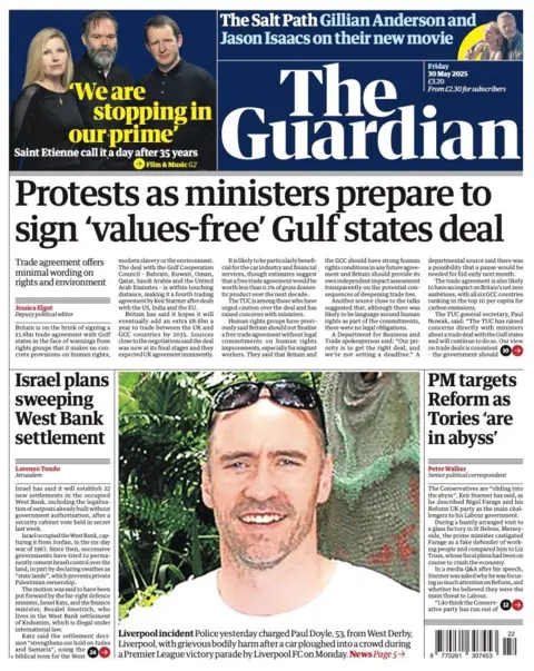The headline on the front page of the Guardian reads: "Protests as ministers prepare to sign 'values-free' Gulf states deal".