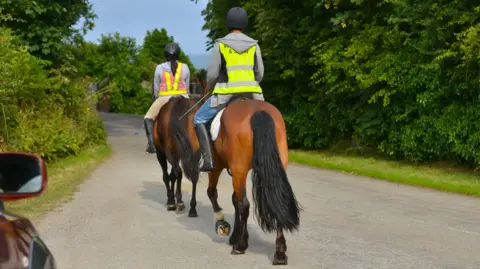 Two people in high vis riding brown horses on the road.