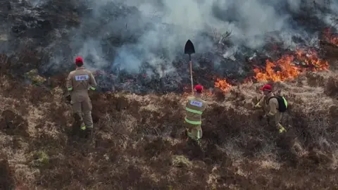 Three firefighters use spades to dampen down gorse fires