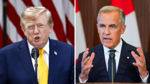 A split image with Donald Trump on the left, standing in front of American flags and wearing a yellow tie and blue suit. On the right is Mark Carney, standing in front of Canadian flags and wearing a blue tie and navy suit