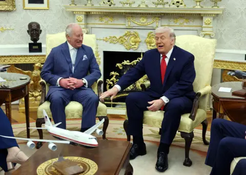 PA Media King Charles III and US President Donald Trump during a bilateral meeting in the Oval Office of the White House, Washington DC, on day two of the state visit to the US, on 28 April 2026