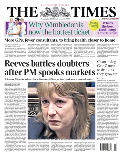 "Reeves battles doubters after PM spooks markets" reads the headline on the front page of The Times.