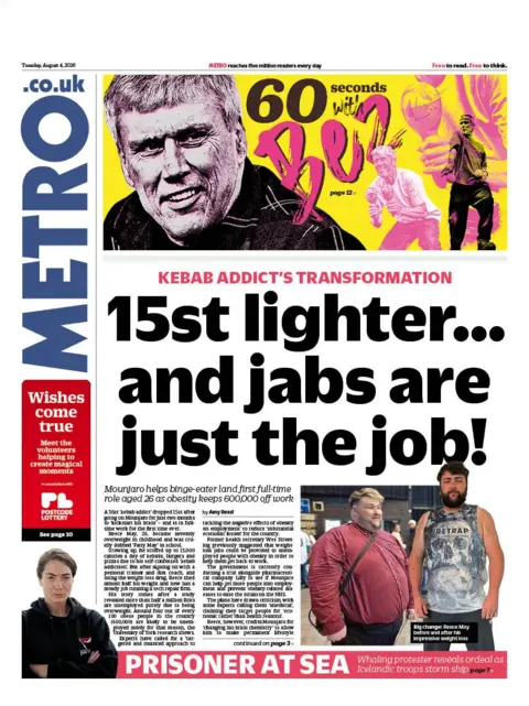 "15st lighter... and jabs are just the job" reads the headline on the front page of Metro.