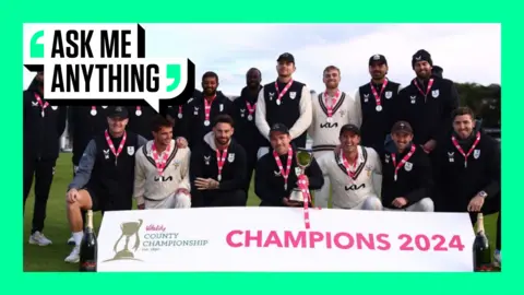 Surrey celebrating winning the 2024 County Championship Division One title with an Ask Me Anything border around it