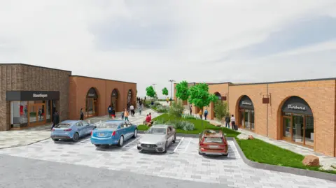 Redcar and Cleveland Council Artist's impression of the proposed Eston Precinct redevelopment showing a number of single-storey brick buildings with large glass windows and doors either side of a landscaped area. Four cars are parked in bays at the front of the area.