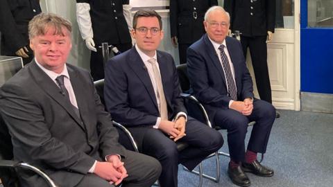 Paul Duffy (L), Dan Price (C) and John Dwyer (R) are the three candidates for the Police and Crime Commissioner election in Cheshire