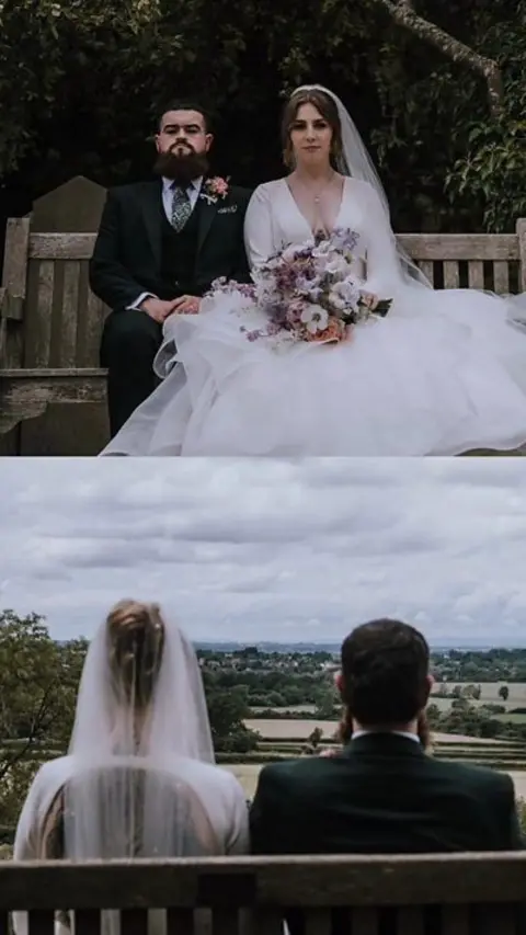 Split image showing married couple sitting on bench, from front and behind.