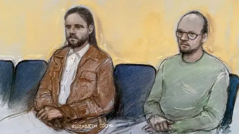 Elizabeth Cook A court artist's sketch of Jamie Varley (left), and John McGowan-Fazakerley, the former wearing a white shirt and brown jacket and the latter wearing a light green jumper
