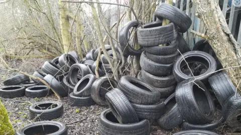 A collection of tyres lay about in piles next to fencing in an area of trees and shrubs.