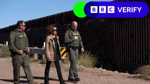 Getty Images Kamala Harris visits the US-Mexico border with US Border Patrol agents in Arizona on September 27, 2024.