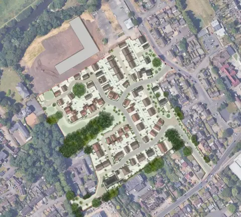 Bedford Borough Council An aerial artist's impression of outline of plans for new housing on a site which is surrounded by existing homes. There is some open space and trees.
