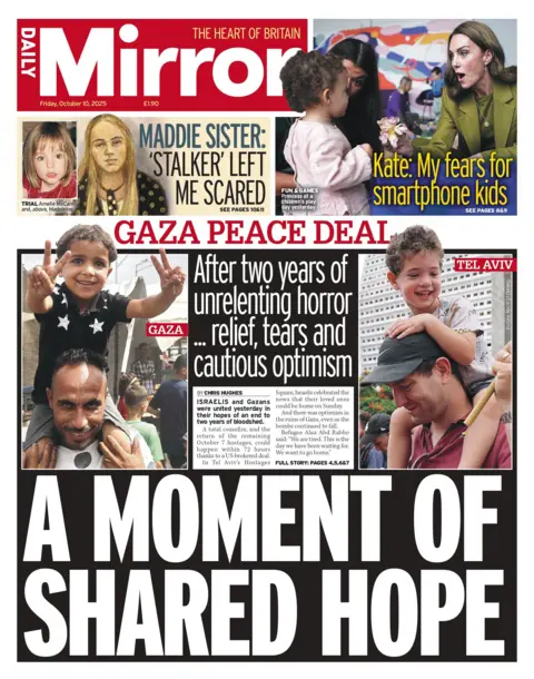 "A moment of shared hope" reads the headline on the front page of the Daily Mirror.