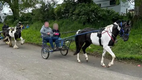 Sherrie Smith A black and white pony pulls a cart carrying two people at Appleby Horse Fair. Their faces are blurred.