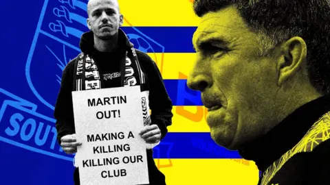 A graphic featuring Kevin Maher and a Southend United supporter. It has a blue and yellow background with the club badge to the left. Maher is biting his lip and looks focused. The supporter is holding a placard calling for the club's owner, Ron Martin, to leave the club. The supporter is wearing a black hoodie and looks serious.