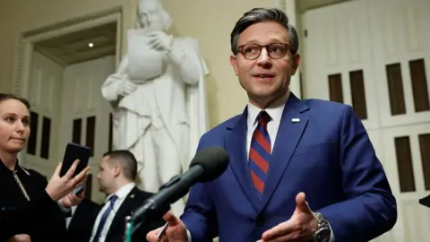 Getty Images Speaker of the House Mike Johnson speaks to reporters at the US Capitol 