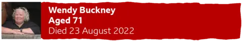 Red banner which says - Wendy Buckney - Aged 71 - Died 23 August 2022. 
Her image shows a woman with short blonde hair and sunglasses on her head, smiling at the camera.
