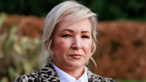 A woman with shoulder-length blonde hair is looking at the camera. She is wearing a leopard-print jacket and a white shirt. She is standing outside during the day time. Shrubbery can be seen in the background although it is blurry. 