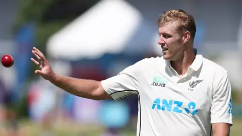 Fast bowler Kyle Jamieson in action for New Zealand
