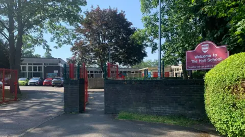 Outside entrance of the Hall School, a single storey complex of buildings