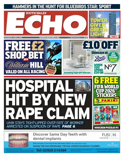 South Wales Echo Front page of the South Wales Echo has a small picture of a glass building and the large headline hospital hit by new rape claim