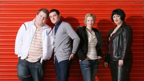 BBC/Baby Cow Productions/Neil Bennett James Corden, Mathew Horne, Joanna Page, and Ruth Jones appear as Smithy, Gavin, Stacey, and Nessa.