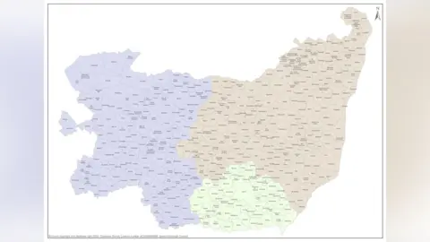 A map of Suffolk divided into three sections showing the proposed new unitary council districts. Broadly split into west, east and mid, and Ipswich/Felixstowe.