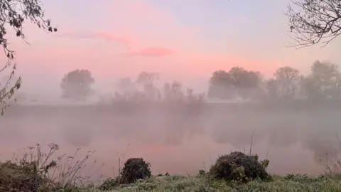 Weather Watchers/Space Walker A pink sunrise over a riverbank, slightly obscured by mist which is sitting atop the river. There are a few trees on the opposite bank.