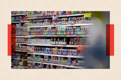 Morgan Spence / BBC News A set of shelves carrying hundreds of vapes