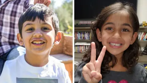 A composit image of seven-year-old Aden Wentz and his nine-year-old sister Elianna (Ellie).  Both are smiling at the camera while Ellie is holding up two fingers in a peace gesture.