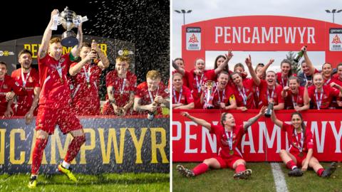 Briton Ferry Llansawel's men's and women's teams celebrate their title wins