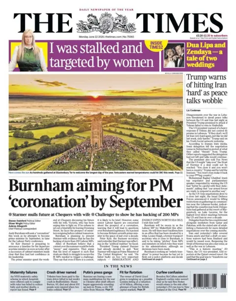 The Times' front page headline reads 'Burnham aiming for PM "coronation" by September 