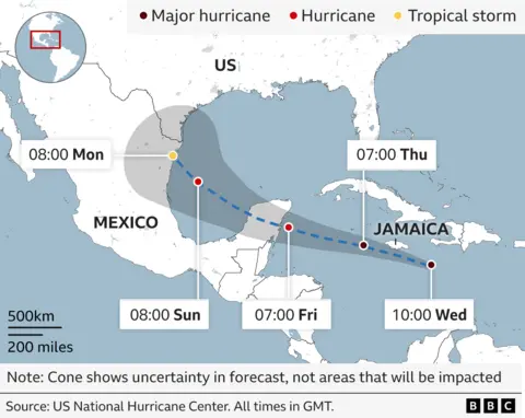 Map showing predicted path of Hurricane Beryl