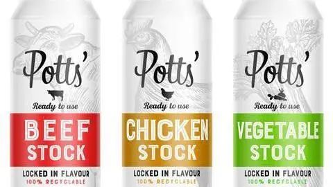 Potts’ Partnership Three cans of stock, labelled beef stock, chicken stock and vegetable stock.