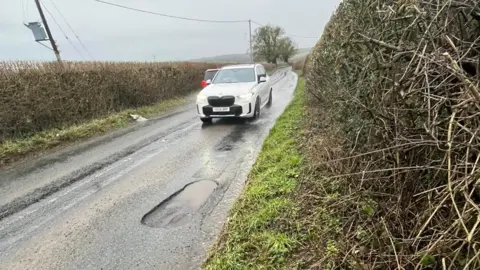 A white car is driving towards a pothole on a country lane. There are tall, well-trimmed hedgerows on either side