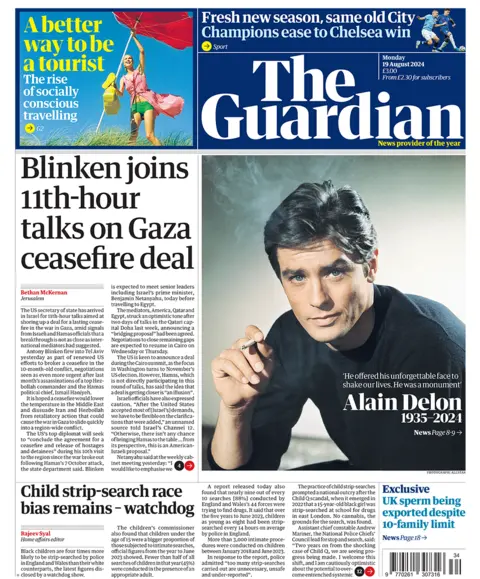 The main headline on the front page of the Guardian reads: 