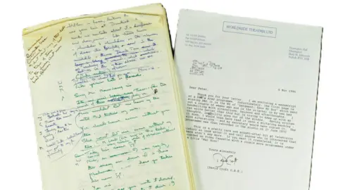 Photos of the handwritten script in a mix of blue and green ink next to the typed letter from David Croft which is signed by him.