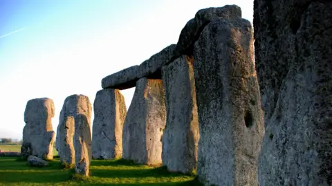 Image of Stonehenge, the smaller columns in the centre of the image are the bluestones