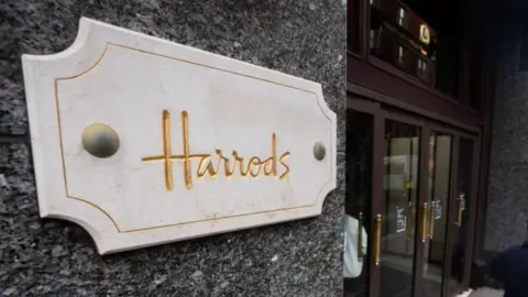 PA Media A file image showing a white and gold marble sign for Harrods next to an entrance to the store