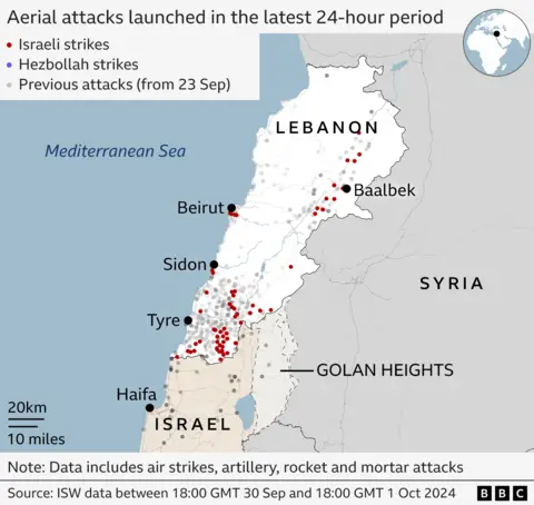 A map showing aerial attacks launched on Lebanon and Israeli between 18:00 GMT on 30 September and 18:00 GMT on 1 October. Most of the Israeli strikes have been on locations in southern Lebanon, while Hezbollah attacks have mostly been on northern Israel. 