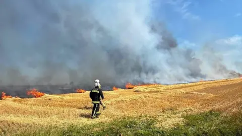 Devon & Somerset Fire & Rescue Service Two firefighters from Devon & Somerset Fire & Rescue Service inspecting a large wildfire in a field. Flames and black smoke are visible on a clear blue sunny day. 