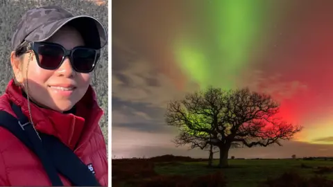 Hang Ross (left) smiling at the camera is wearing a grey cap, black sunglasses and a red puffer jacket. Right is her photo of the Northern Light. 