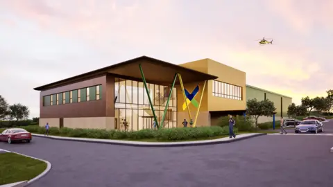 This artist impression shows a proposed building which would include training facilities. An air ambulance helicopter is seen flying overhead. 