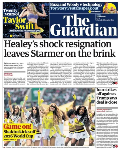 The headline on the front page of the Guardian reads: "Healey's shock resignation leaves Starmer on the brink."