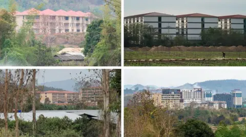 BBC/ Lulu Luo and Jonathan heads a view of different fraud vehicles from the Thai border across the fields and rubbing land.