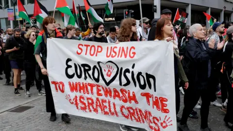 Reuters  Pro-Palestinian demonstrators at a protest ahead of the second Eurovision semi-final, in Malmo on Thursday