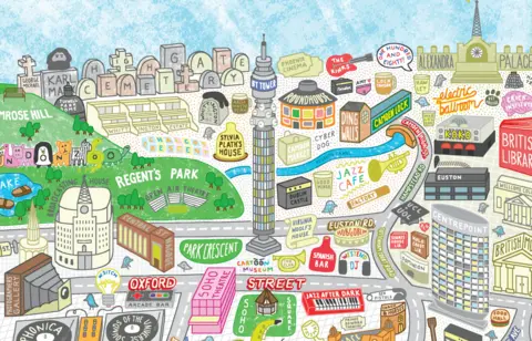 Angry Dan Illustrated map of London with drawings representing various places in the city with close up of illustrations around the BT Tower