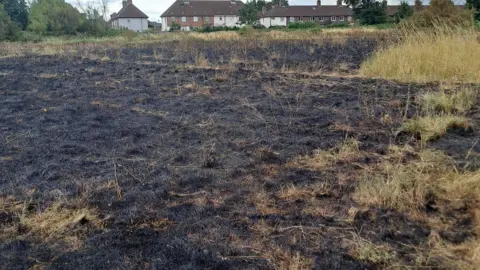 MFRS A view across a charred and blackened grassy field. In the distance, at the far end of the field, are rows of terraced houses.